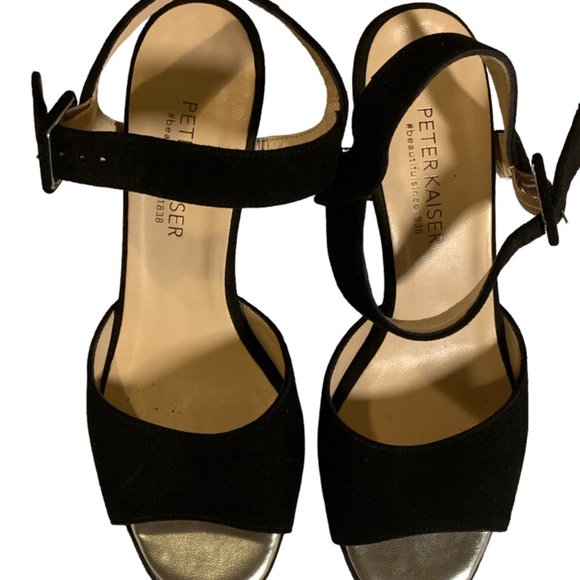 Sandals, Black Suede leather, size 4, silver 2" heel, PETER KAISER - Picture 4 of 5